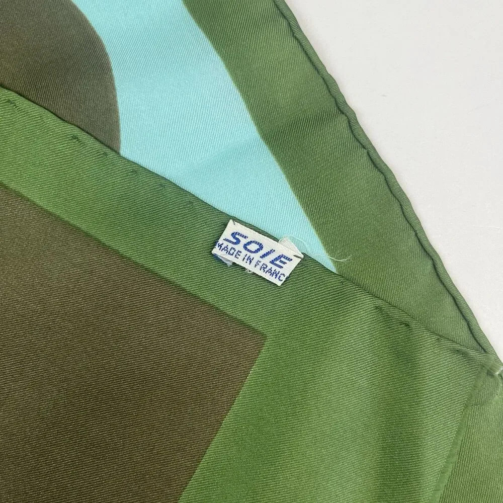 Vintage JACQUES FATH Paris 100% Silk Skinny Scarf 60x16 in Geometric Green Brown